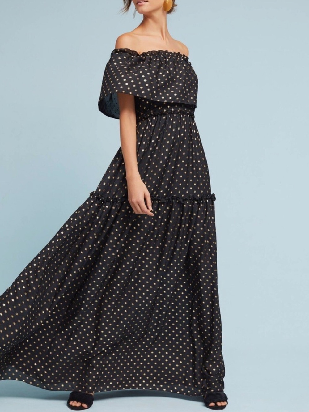 *Damaged* Monique Lhuillier Gloria Black & Gold Polka Dot Ruffle Maxi Dress
